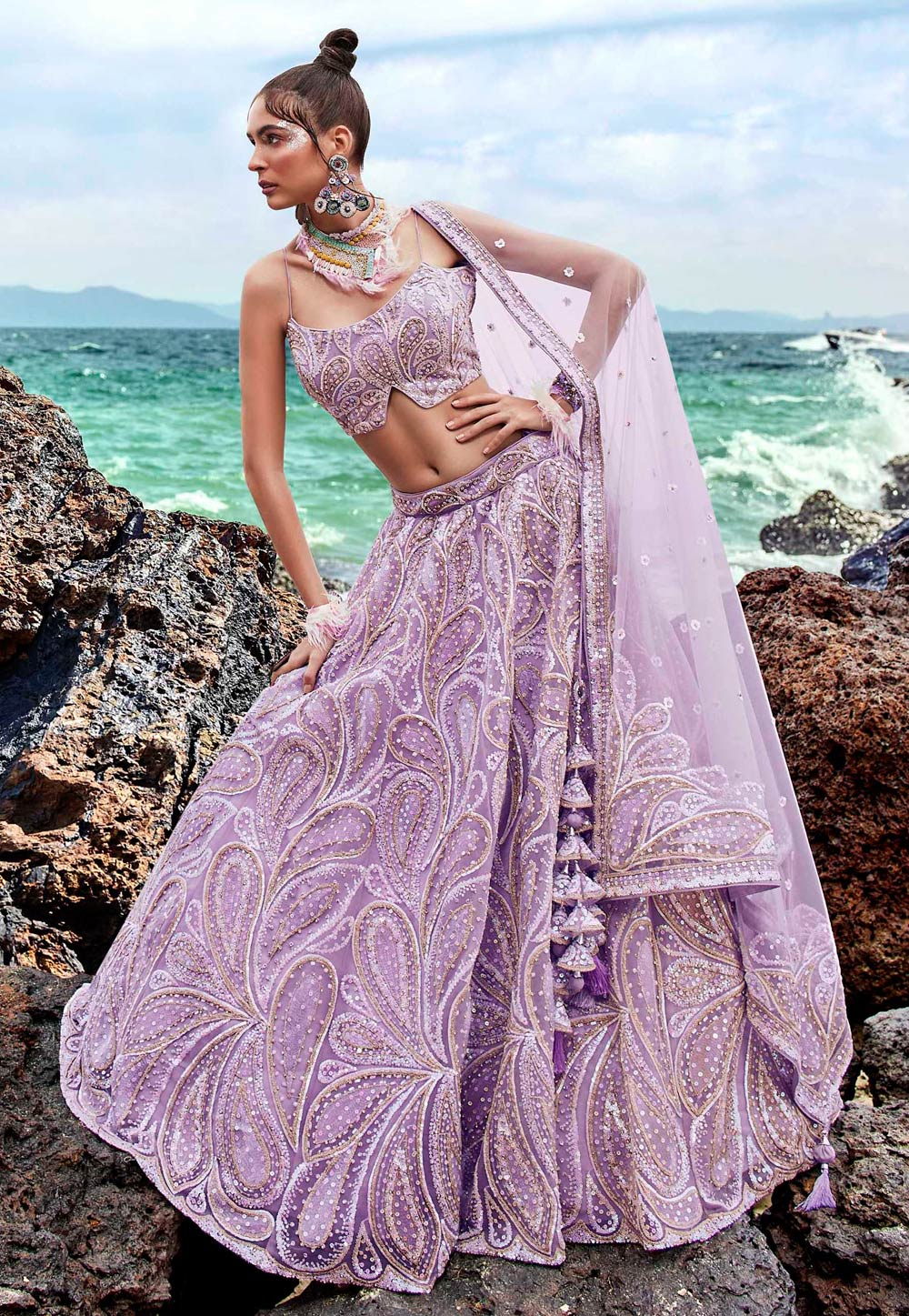 Lavender Net A Line Lehenga Choli 275690