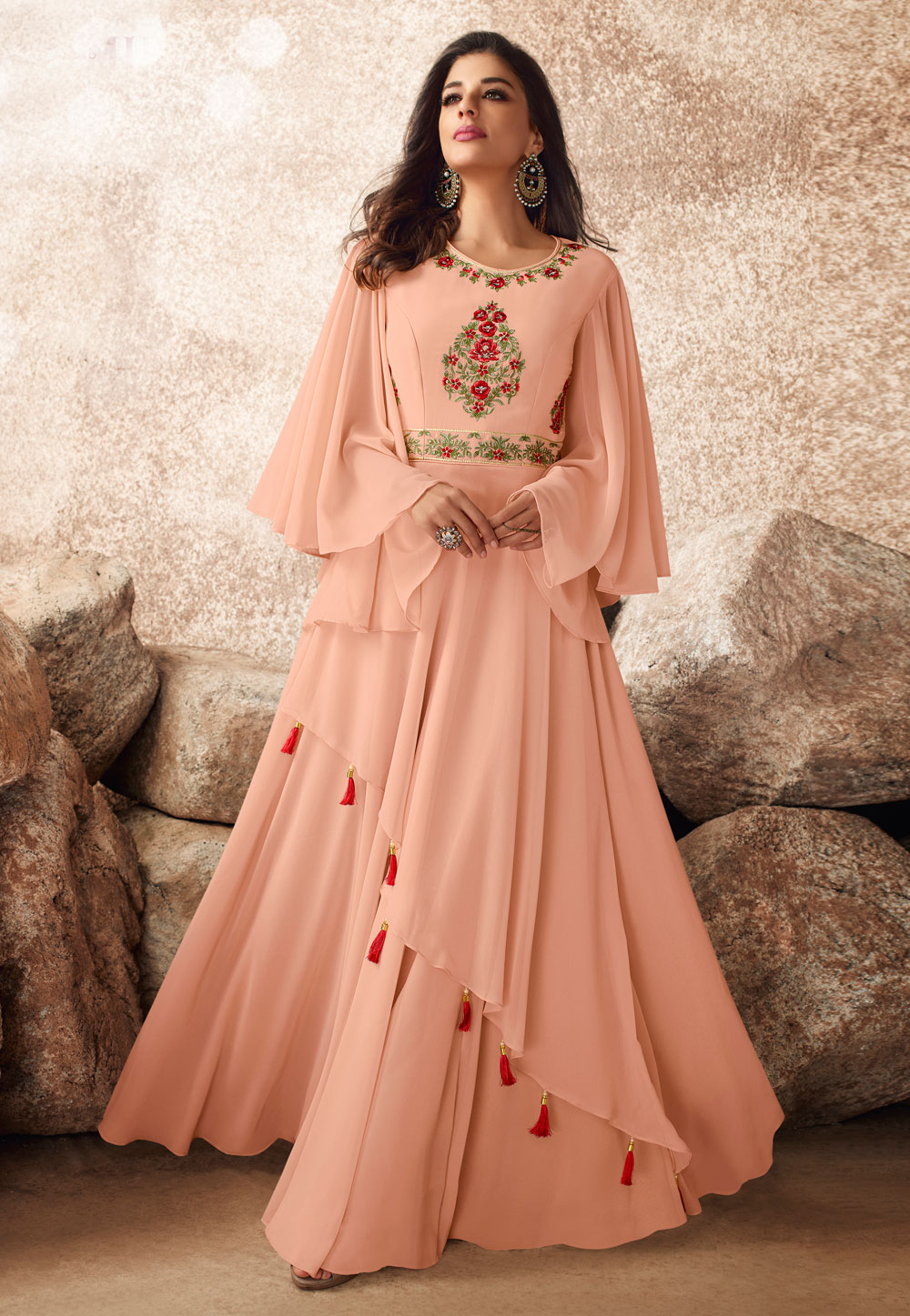 Peach Georgette Layered Readymade Party Gown 210638