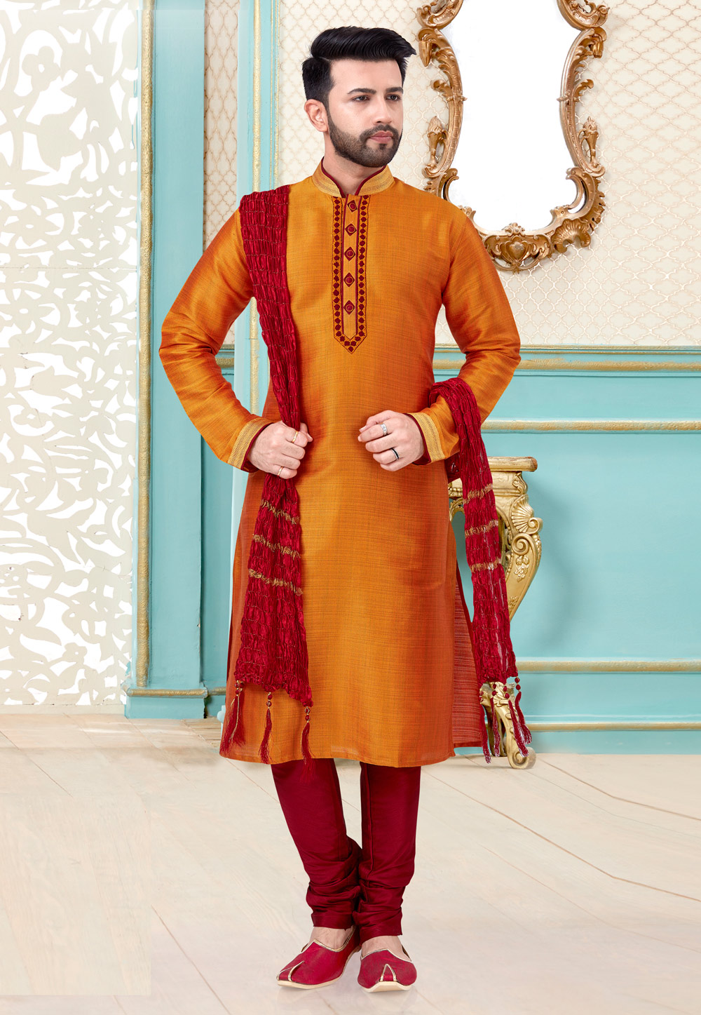 Orange Banarasi Silk Kurta Pajama 216059