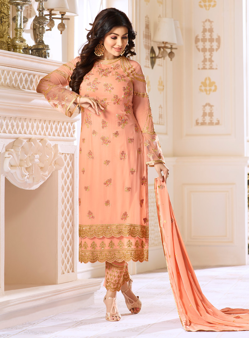Ayesha Takia Peach Georgette Pakistani Style Suit 129493