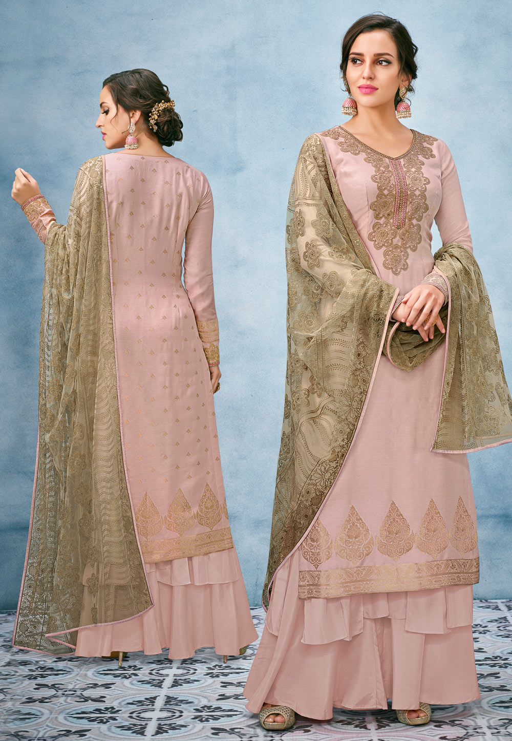 Beige Banarasi Silk Embroidered Sharara Suit 167369
