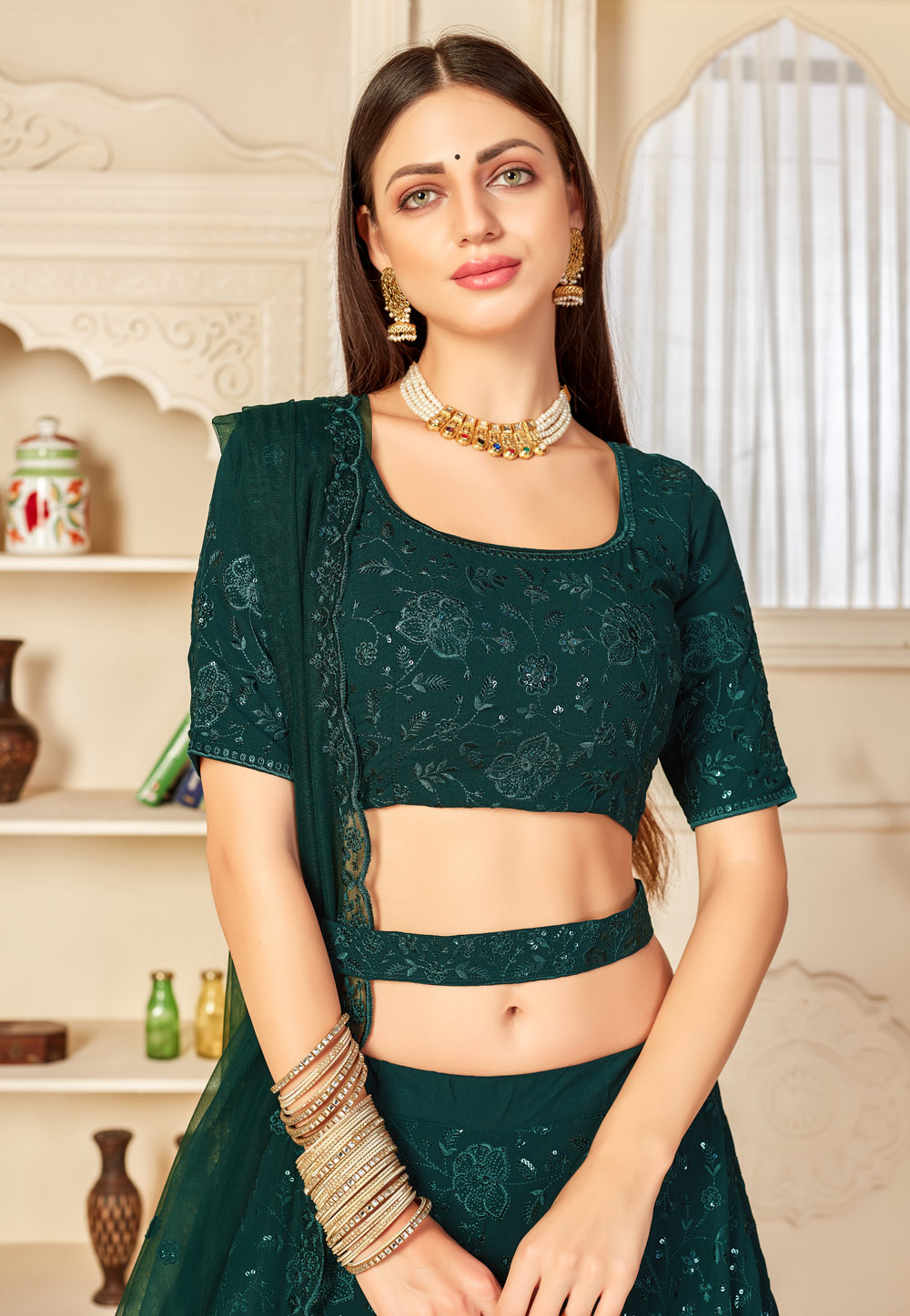 Green Bandhani Print Lehenga Crop top with Dupatta Set | Buy Women Clothing