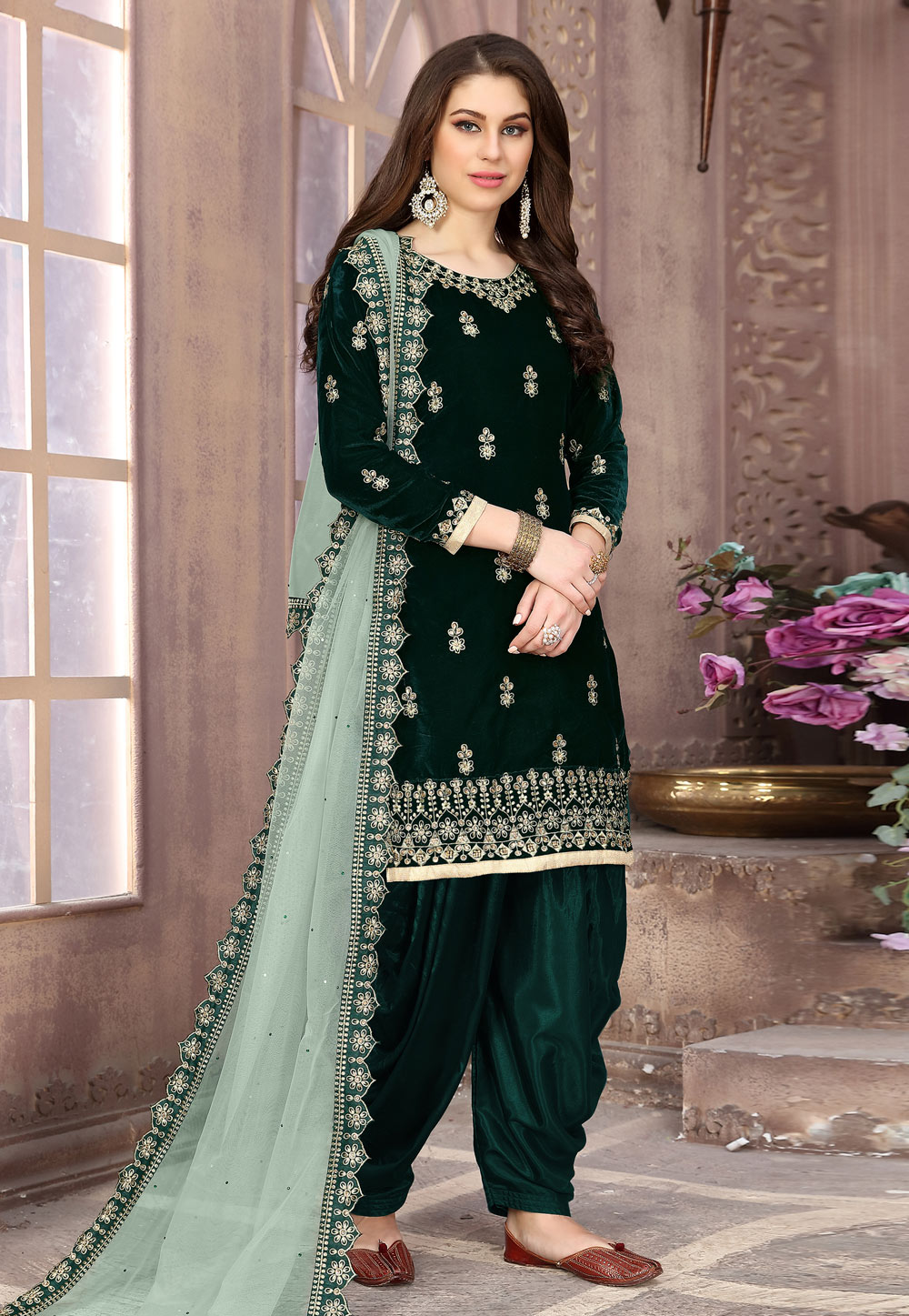Green Velvet Embroidered Patiala Suit 194853