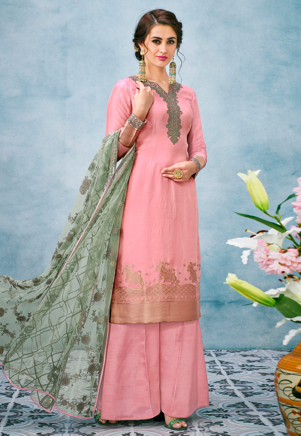 Pink Banarasi Silk Embroidered Palazzo Suit 167370