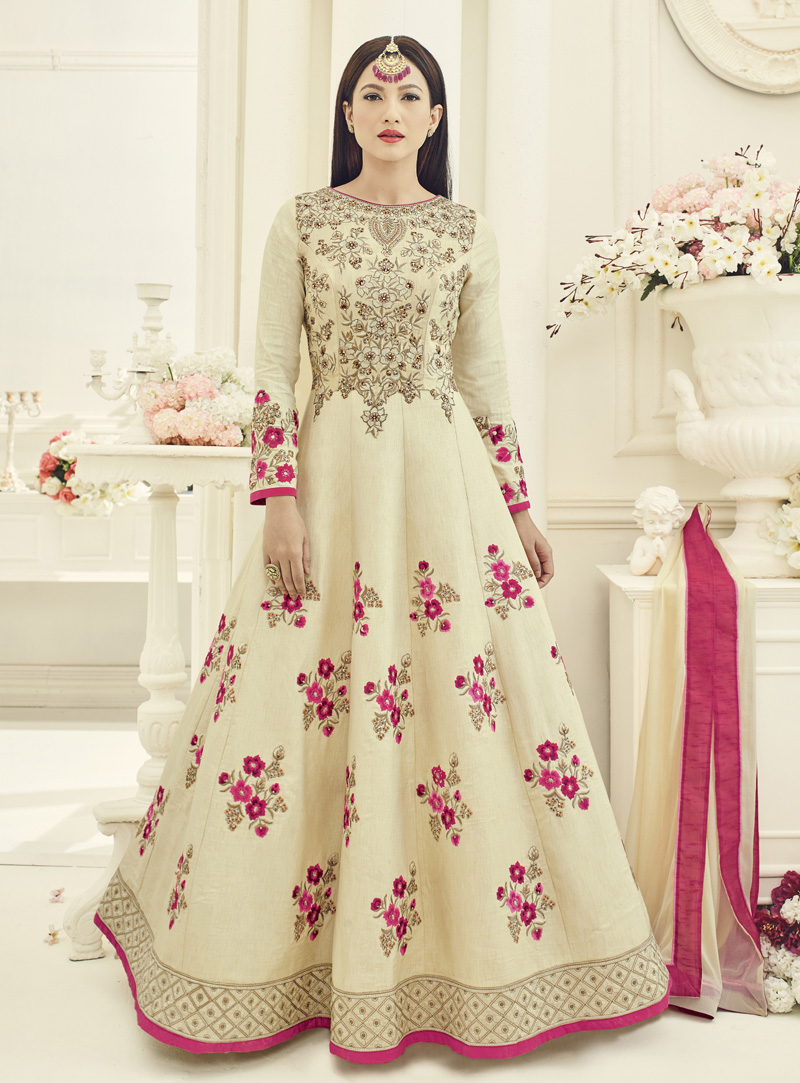 Gauhar Khan Beige Silk Long Anarkali Suit 94501