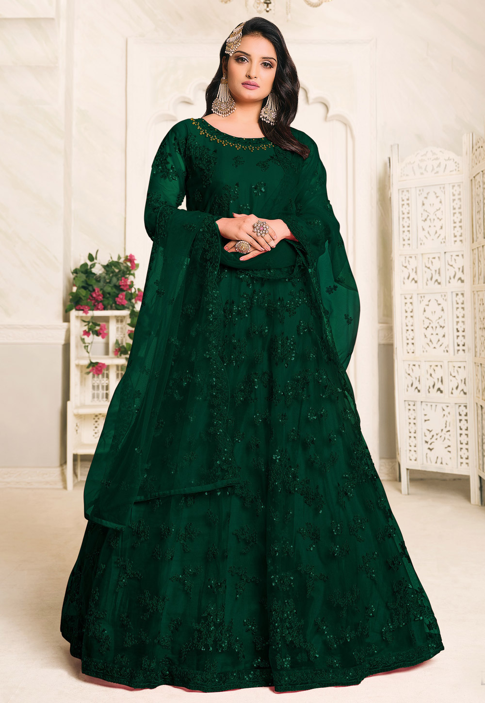 Green Net Abaya Style Anarkali Suit 219615