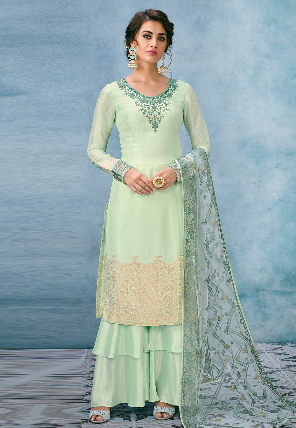 Light Green Banarasi Silk Embroidered Sharara Suit 167371
