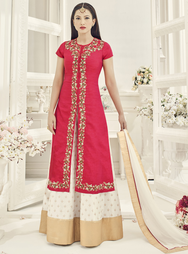 Gauhar Khan Magenta Silk Palazzo Style Suit 94502