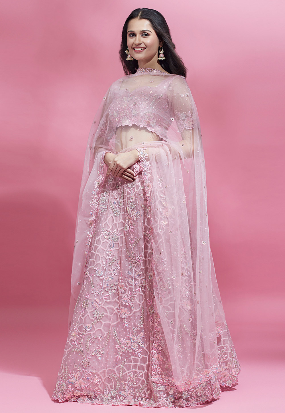 Pink Net Lehenga Choli 275709