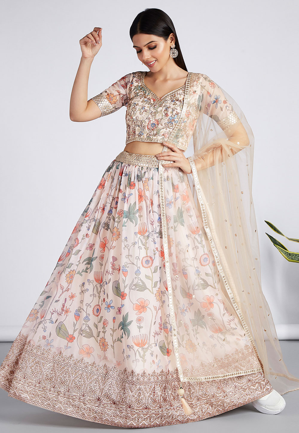 Cream Organza Floral print Lehenga choli 275713