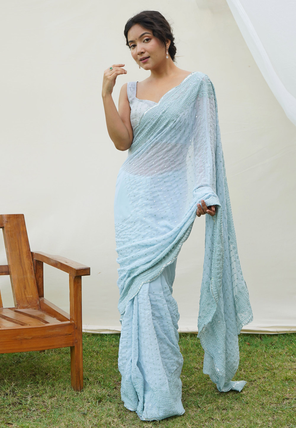 Sky Blue Georgette Saree With Blouse 275694