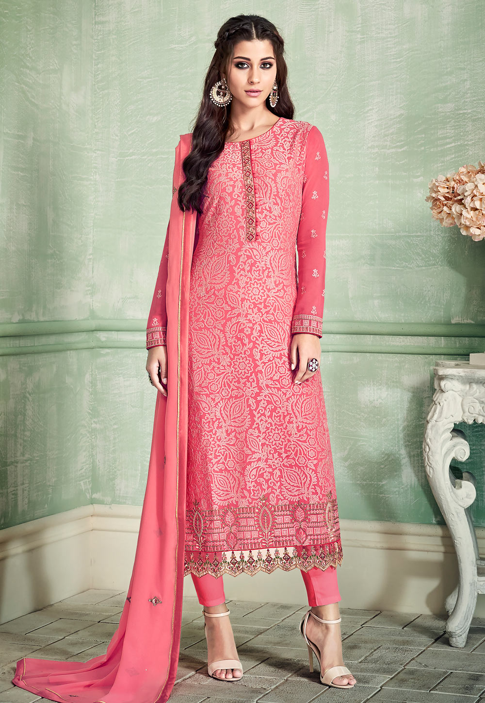 Pink Georgette Pant Style Suit 181894
