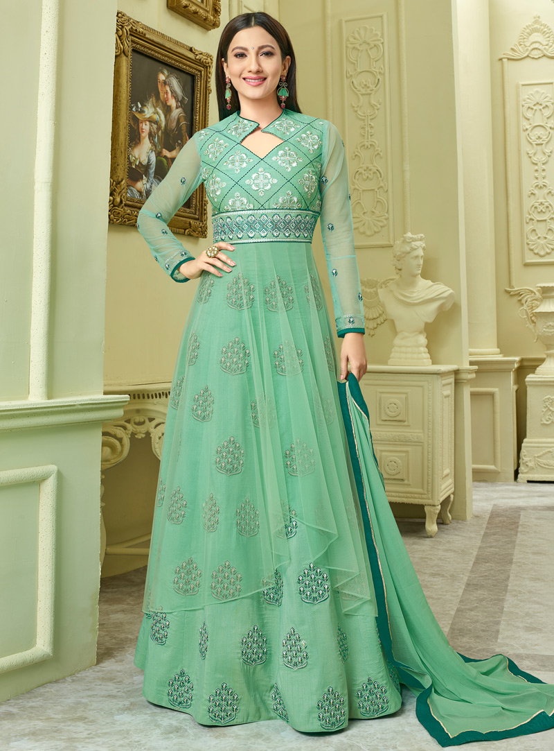Gauhar Khan Sea Green Silk Anarkali Suit