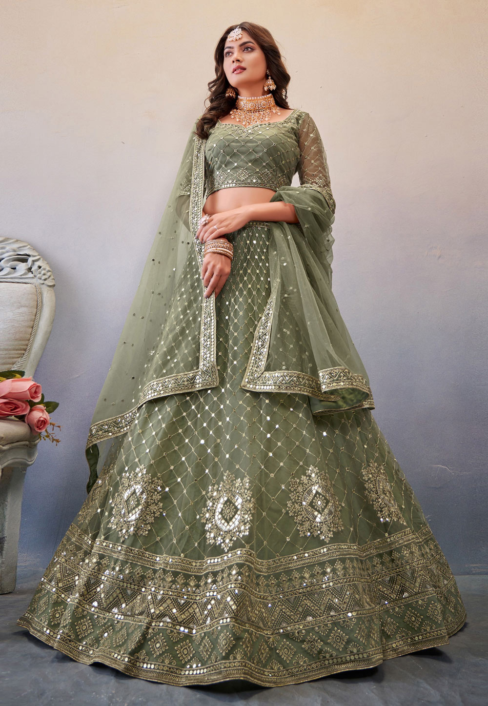 Camo Green Net Lehenga Choli 275704
