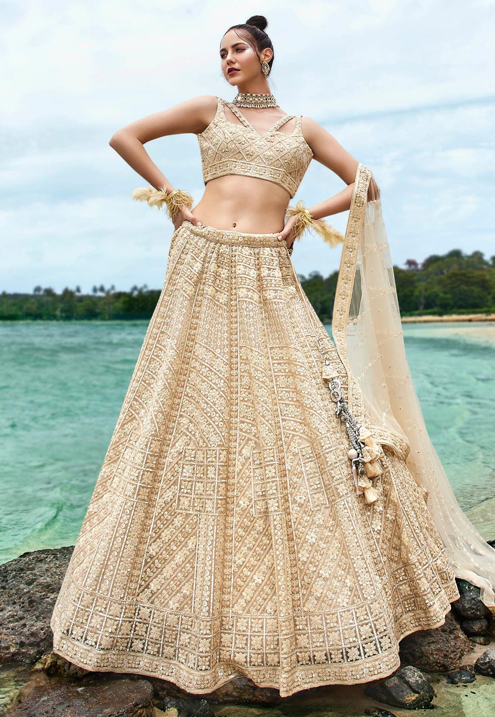 Beige Net Lehenga Choli For Wedding 275798