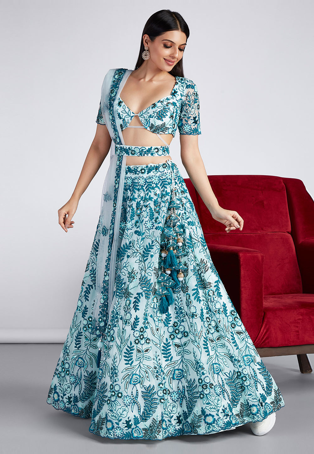 Teal Net Lehenga Choli 275701