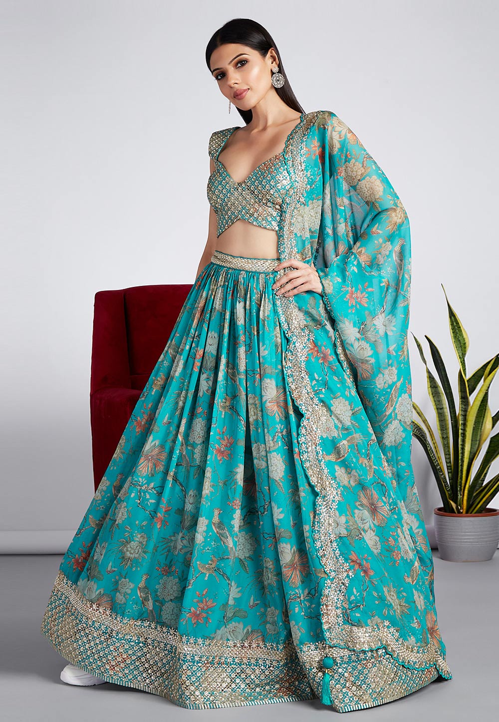 Sea Green Organza Floral print Lehenga choli 275703