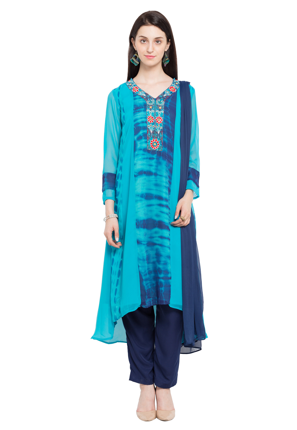 Sky Blue Faux Georgette Readymade Pant Style Suit 230458