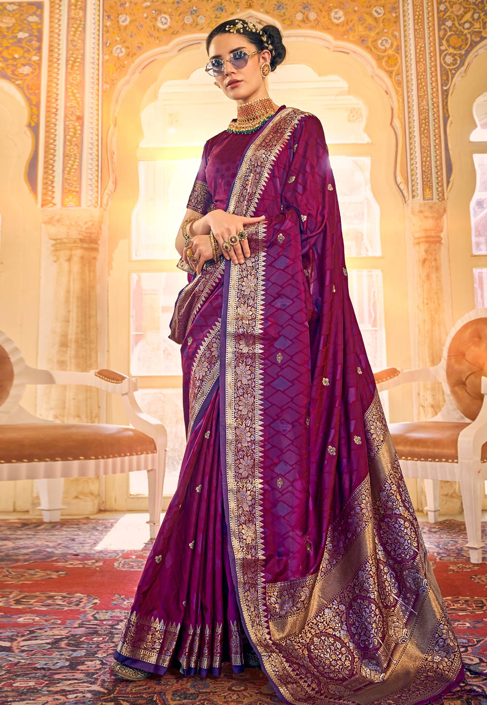 Magenta Satin Silk Saree With Blouse 254061