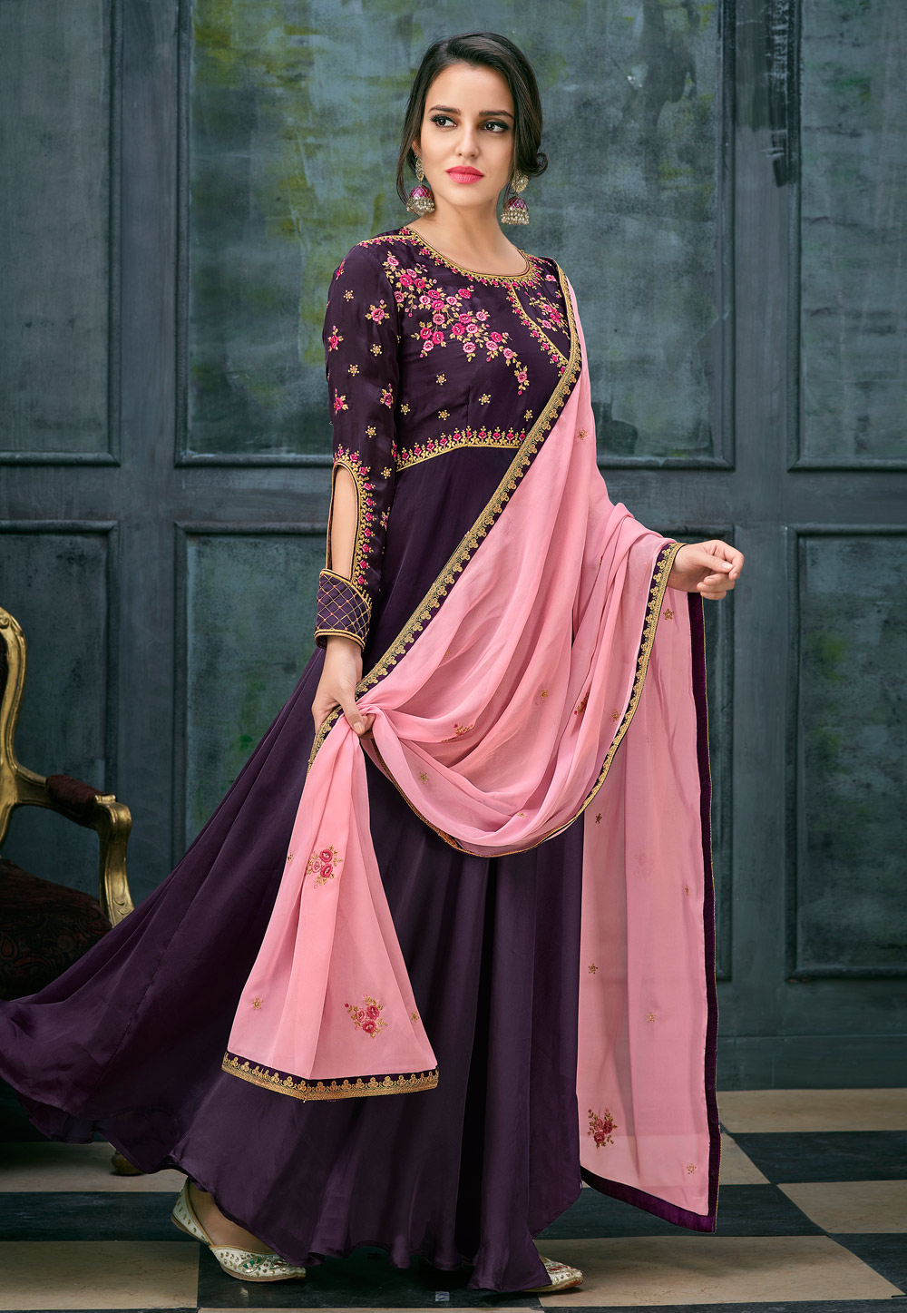 Purple Satin Ankle Length Anarkali Suit 163767