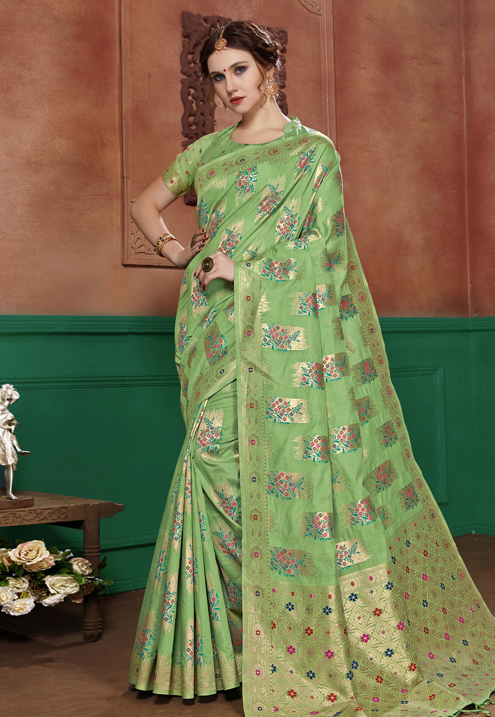 Light Green Banarasi Cotton Silk Festival Wear Saree 198191