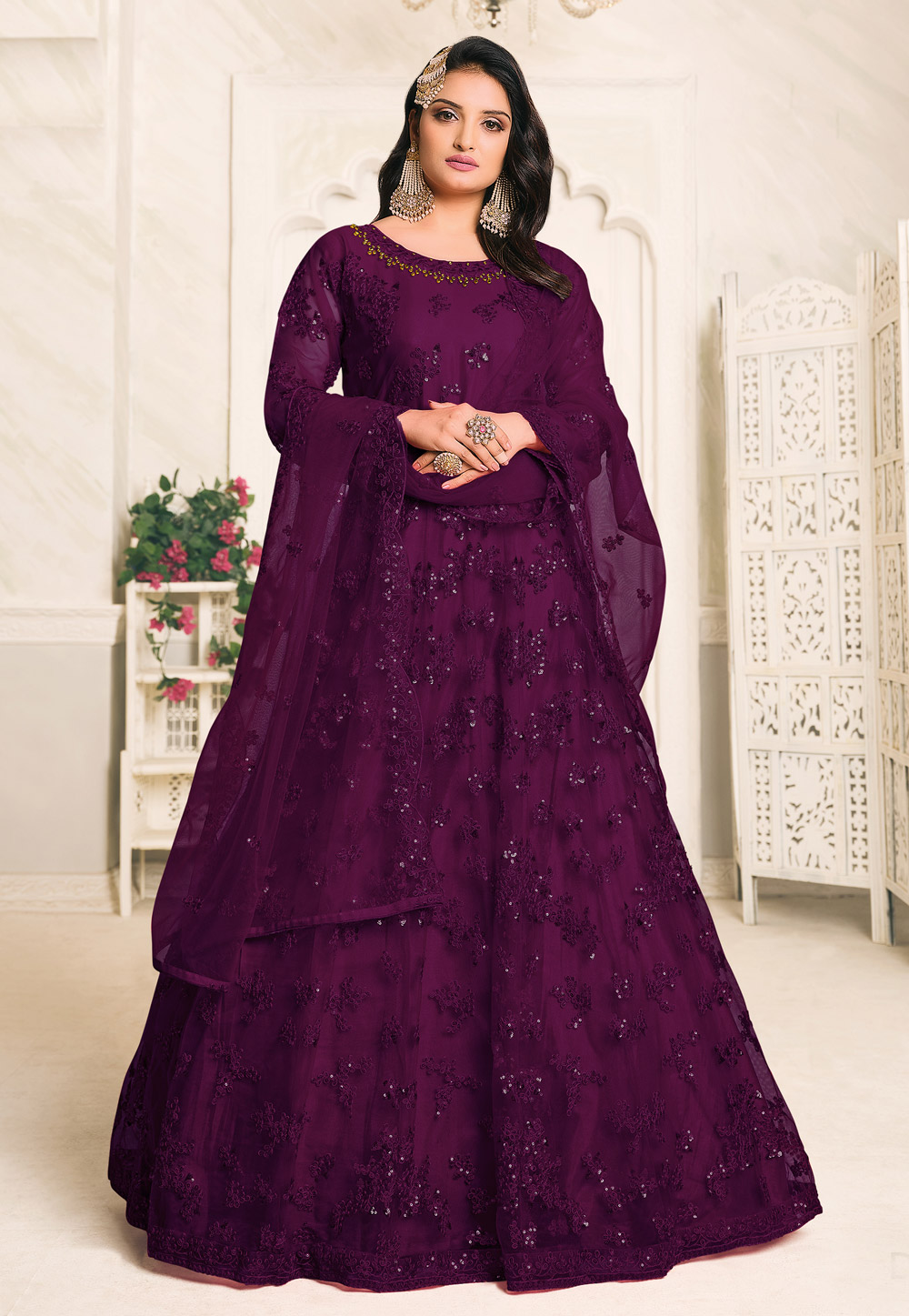 Purple Net Floor Length Anarkali Suit 219616