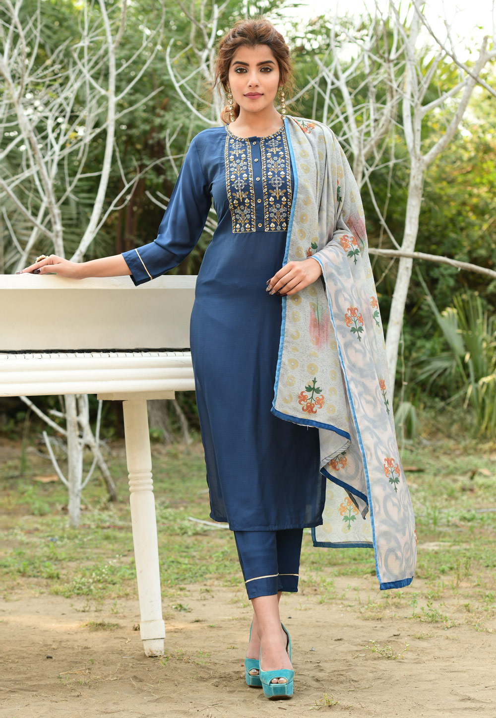 Navy Blue Cotton Readymade Pant Style Suit 223989