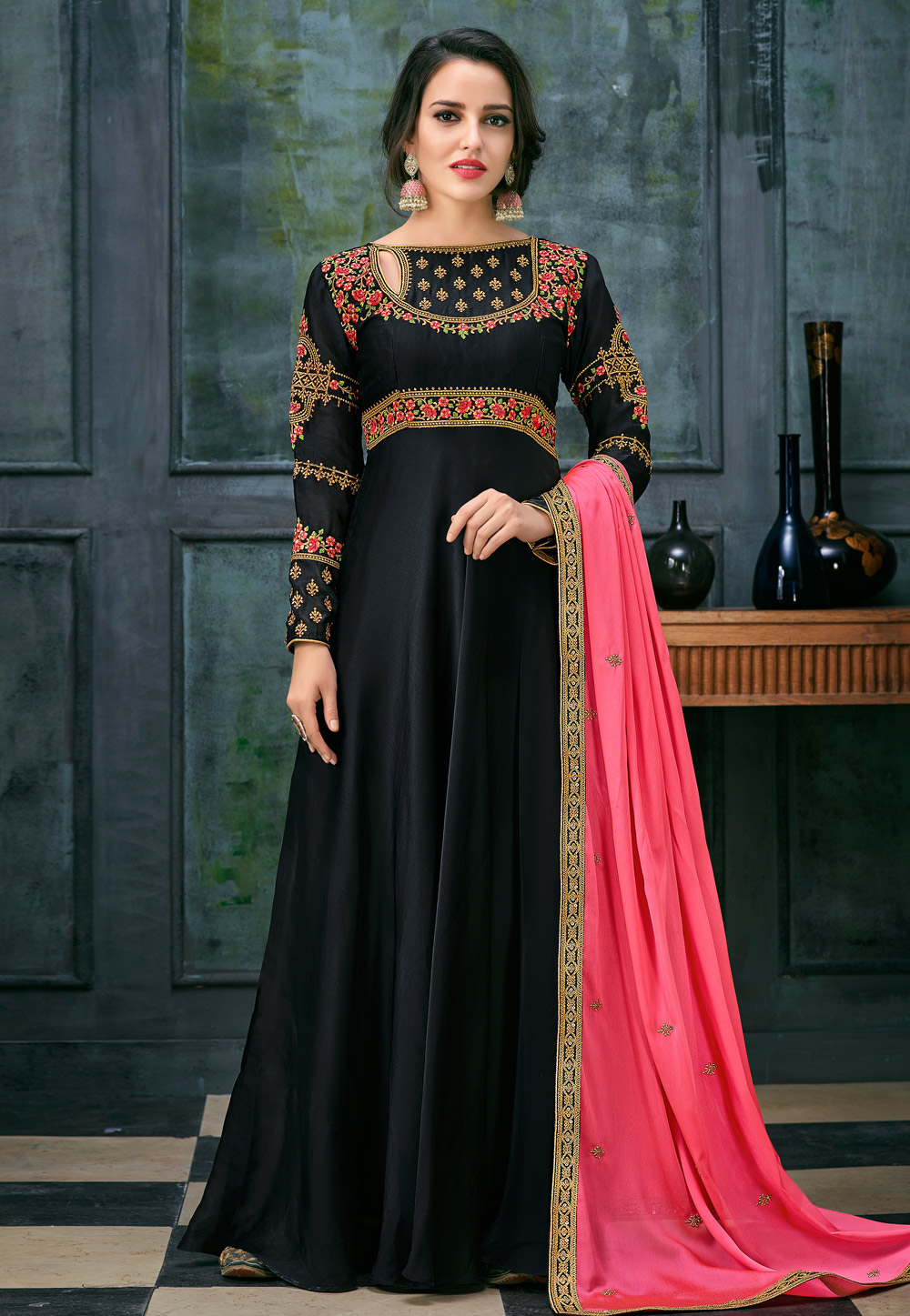 Black Satin Embroidered Long Anarkali Suit 163770