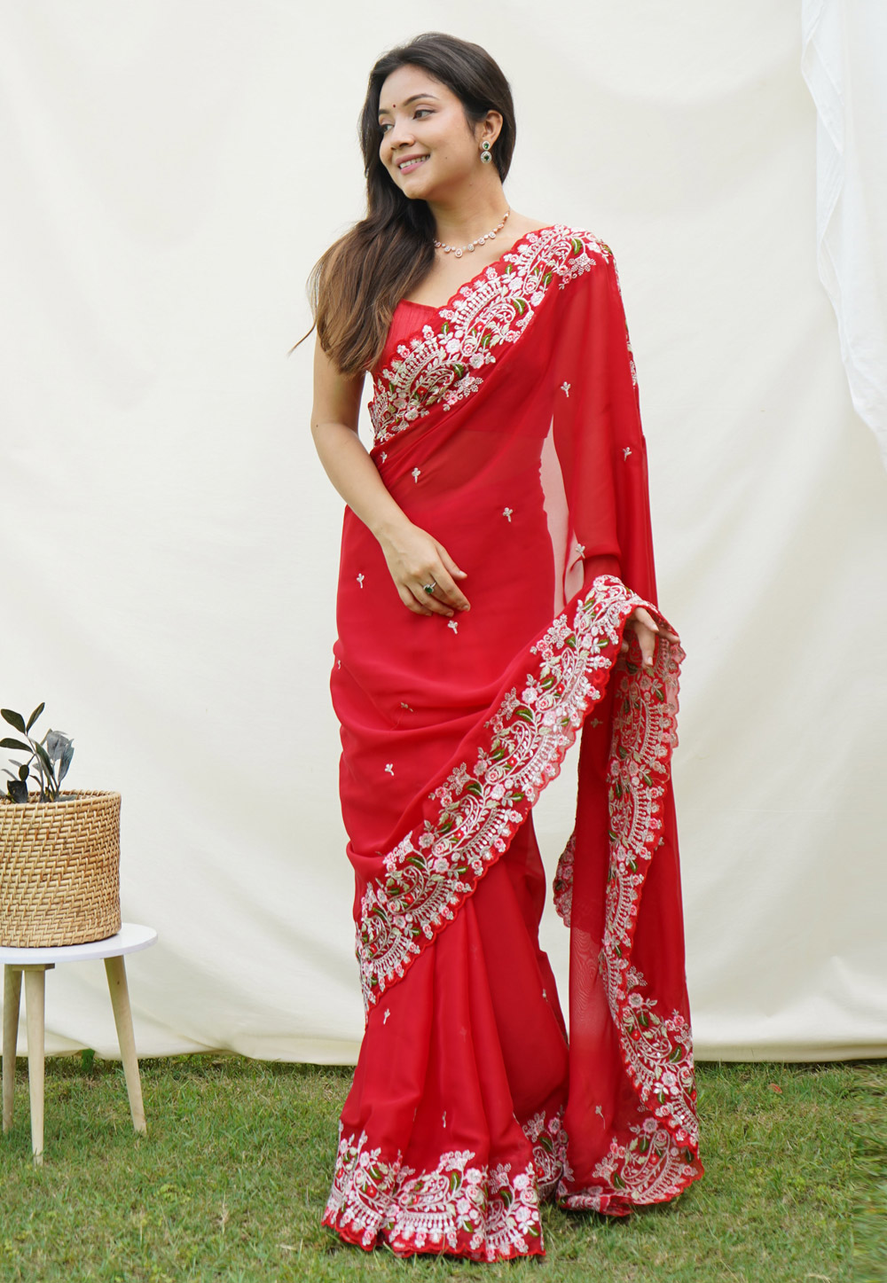 Red Satin Saree With Blouse 275732
