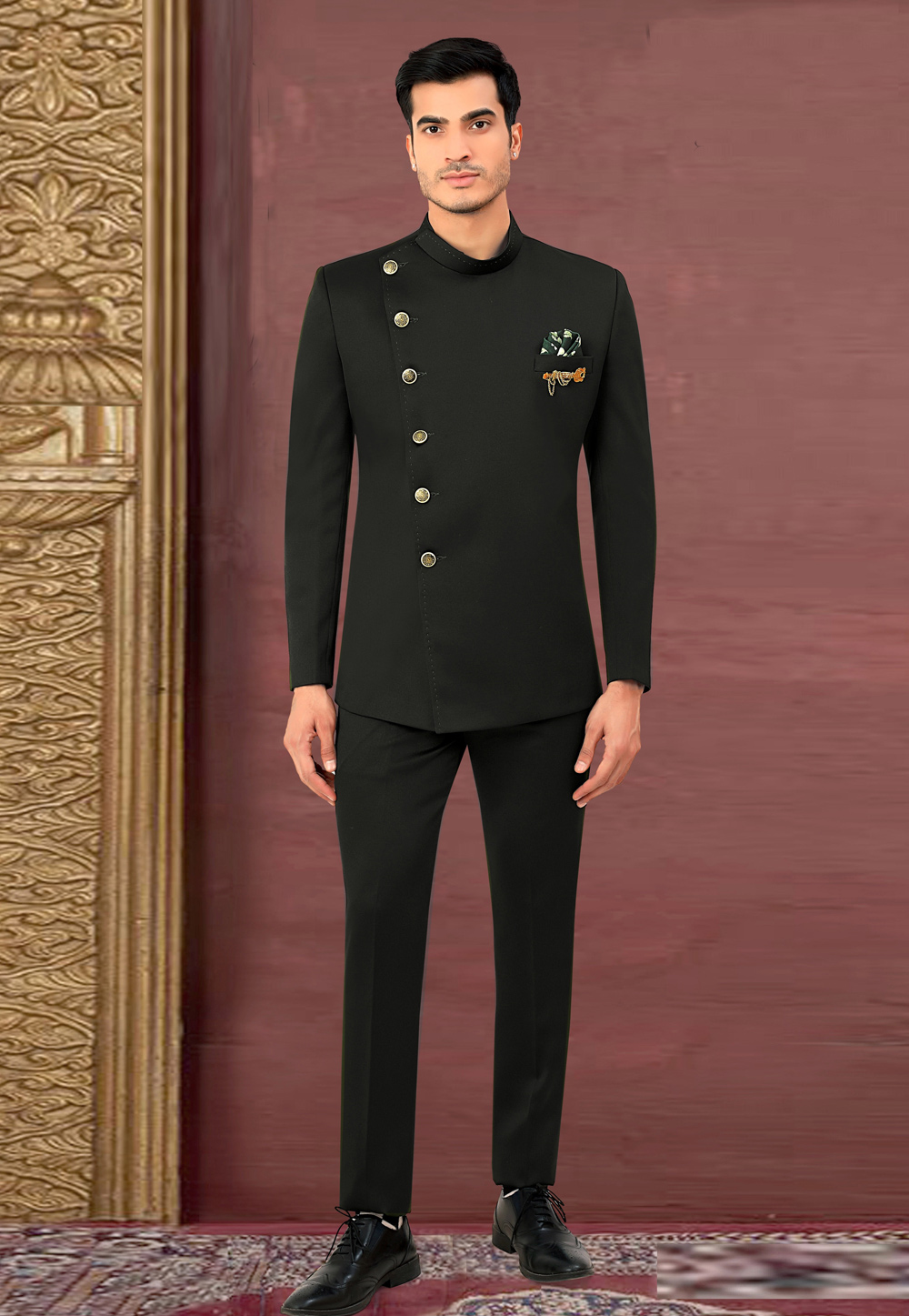 One-piece Floral Print Jodhpuri Suit in Navy Black | The HUB-gemektower.com.vn