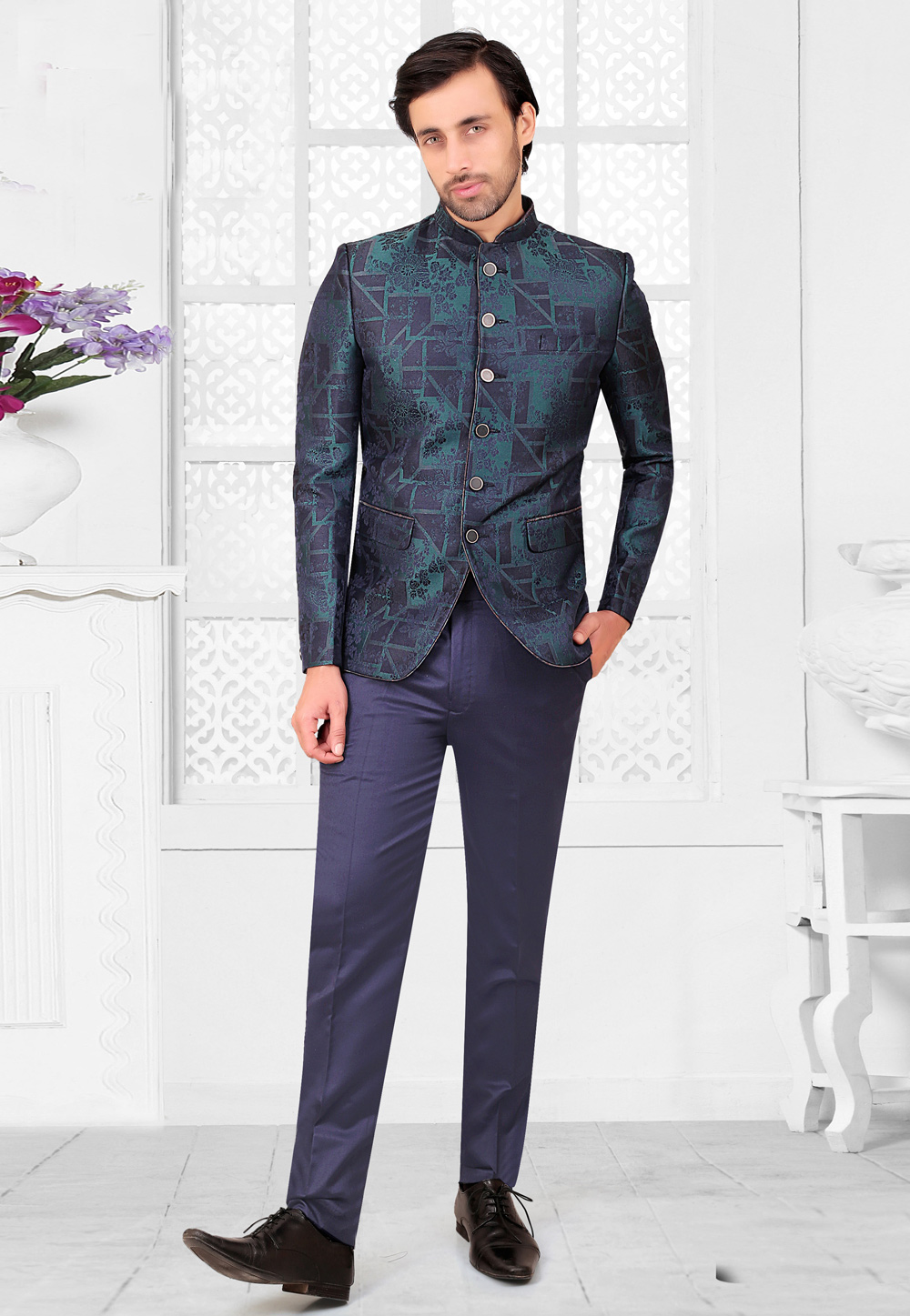 Navy Blue Rayon Jodhpuri Suit 275769