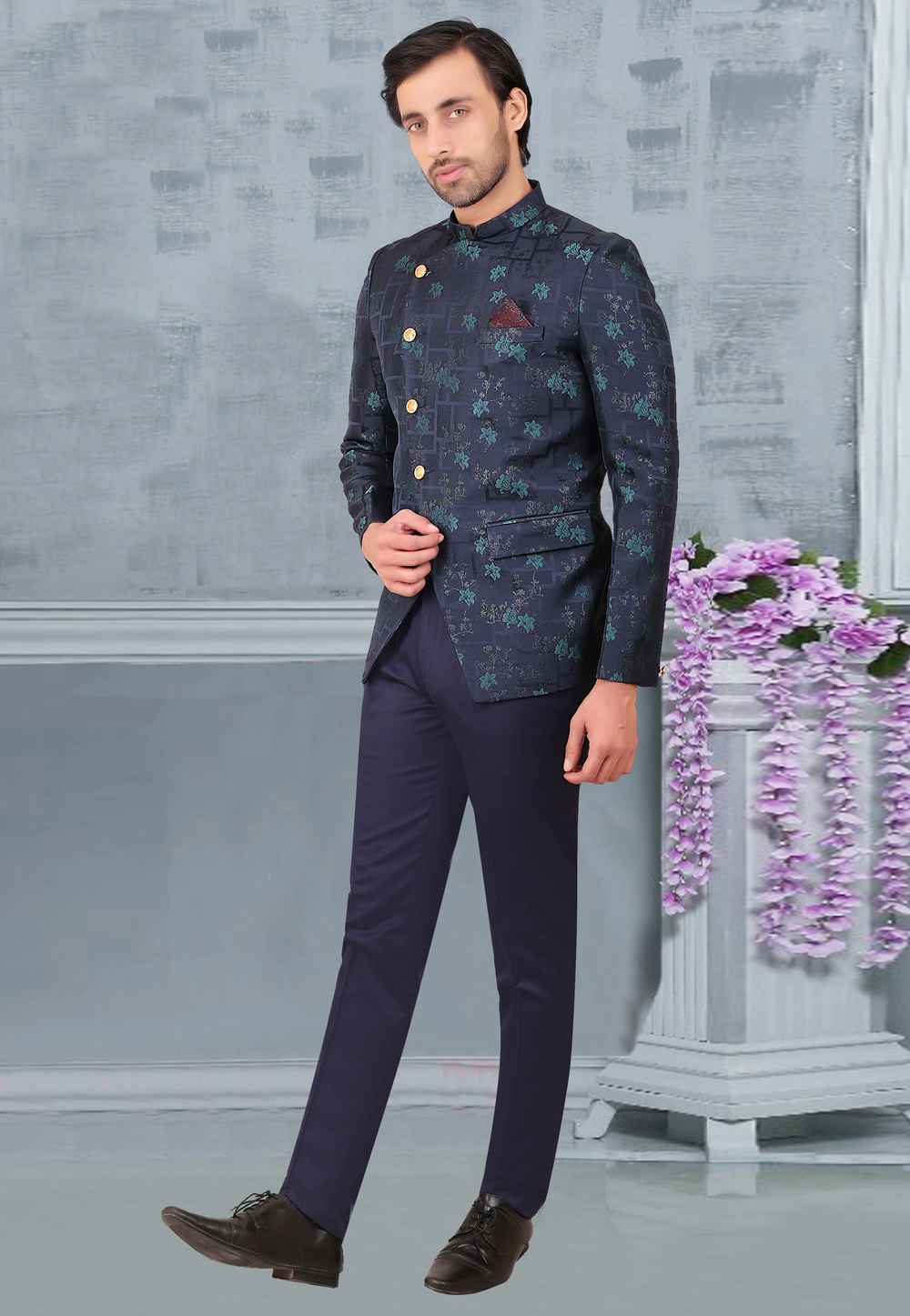 Navy Blue Rayon Jodhpuri Suit 275771