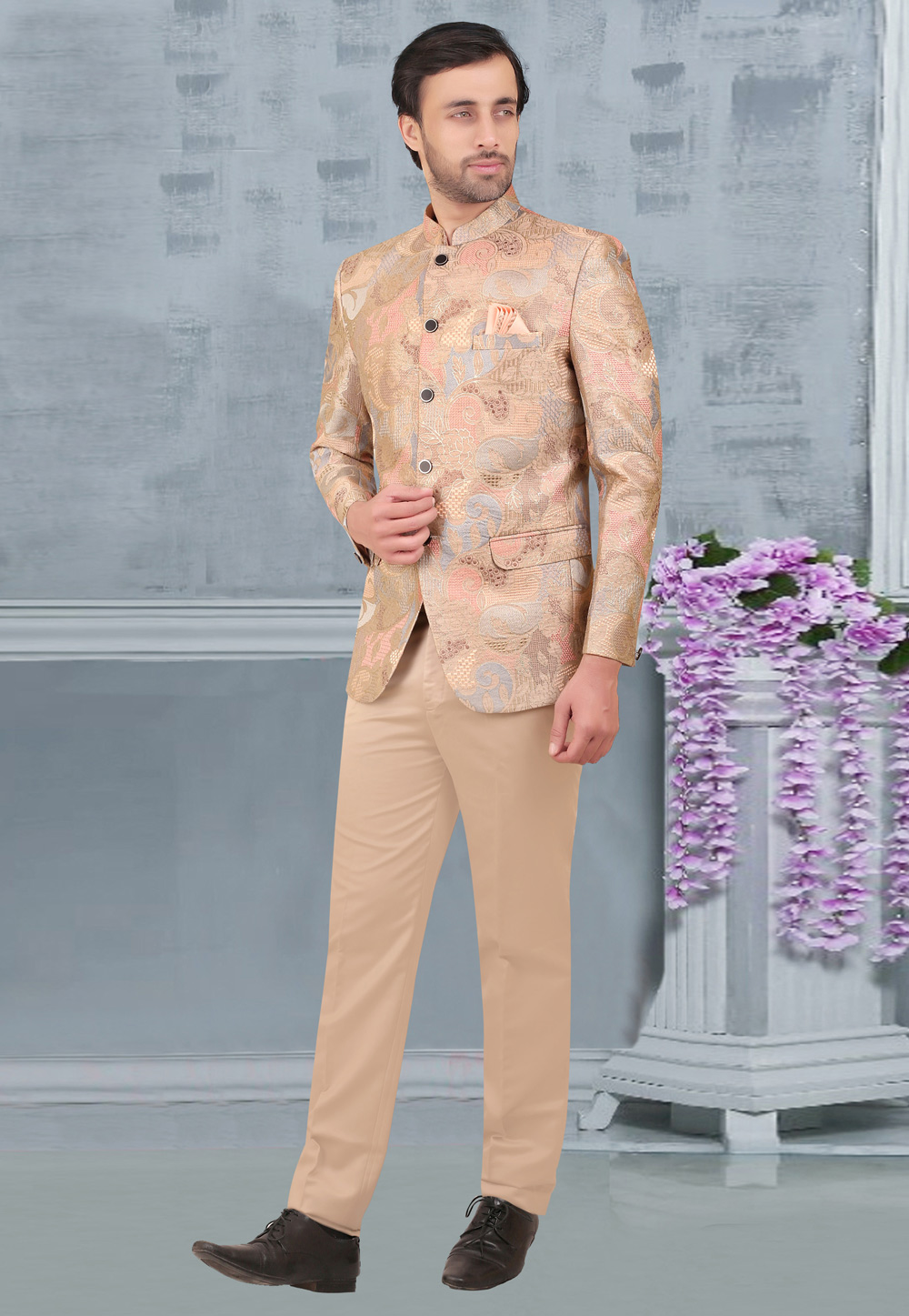 Beige Brocade Jodhpuri Suit 275773
