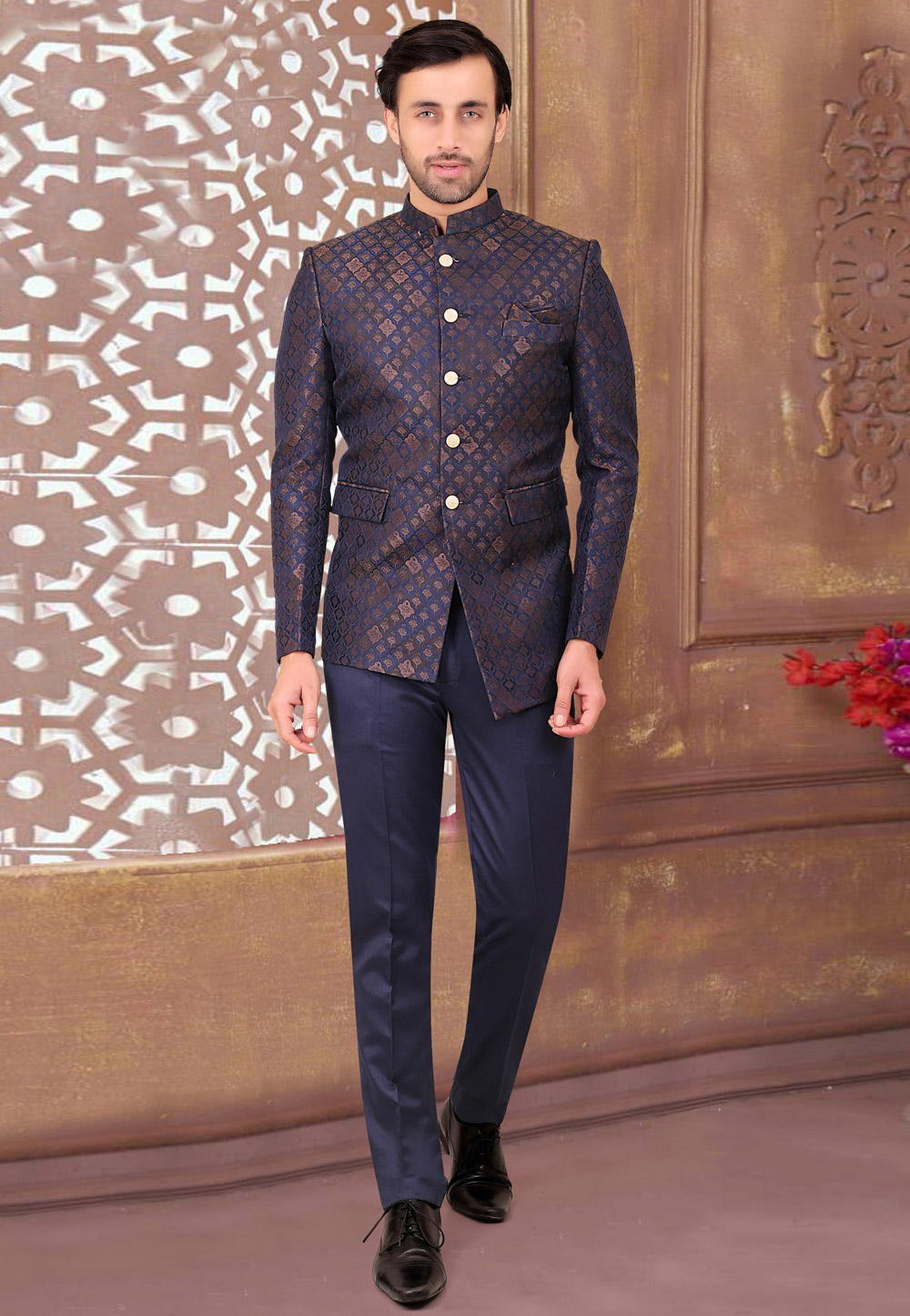 Navy Blue Rayon Jodhpuri Suit 275775