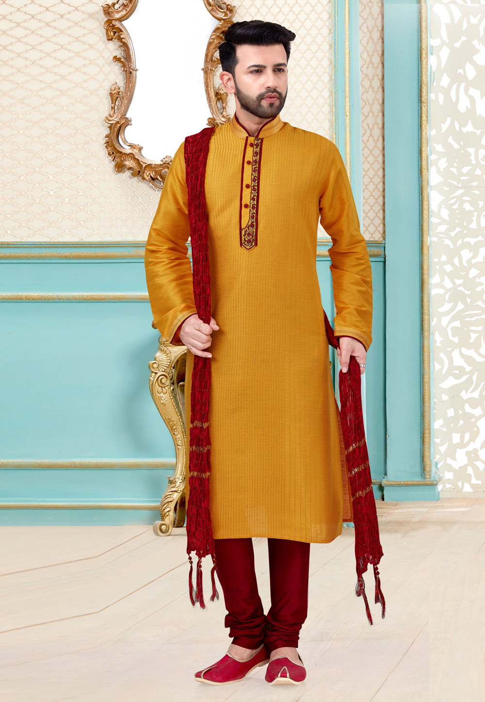 Yellow Banarasi Silk Kurta Pajama 216061