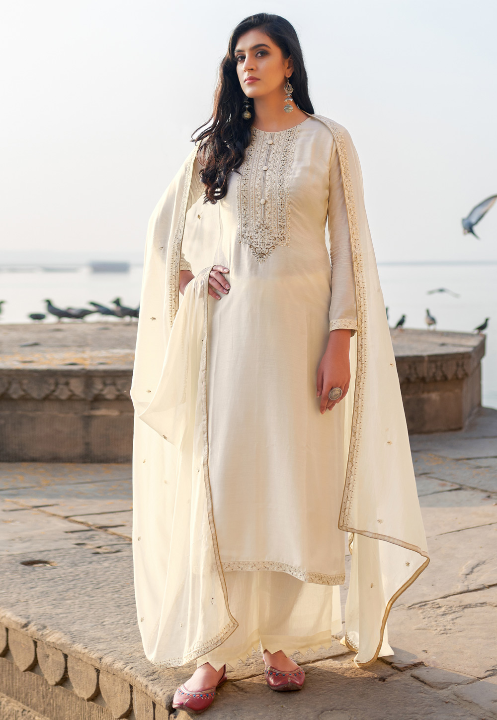 Off White Cotton Silk Kameez With Palazzo 218765