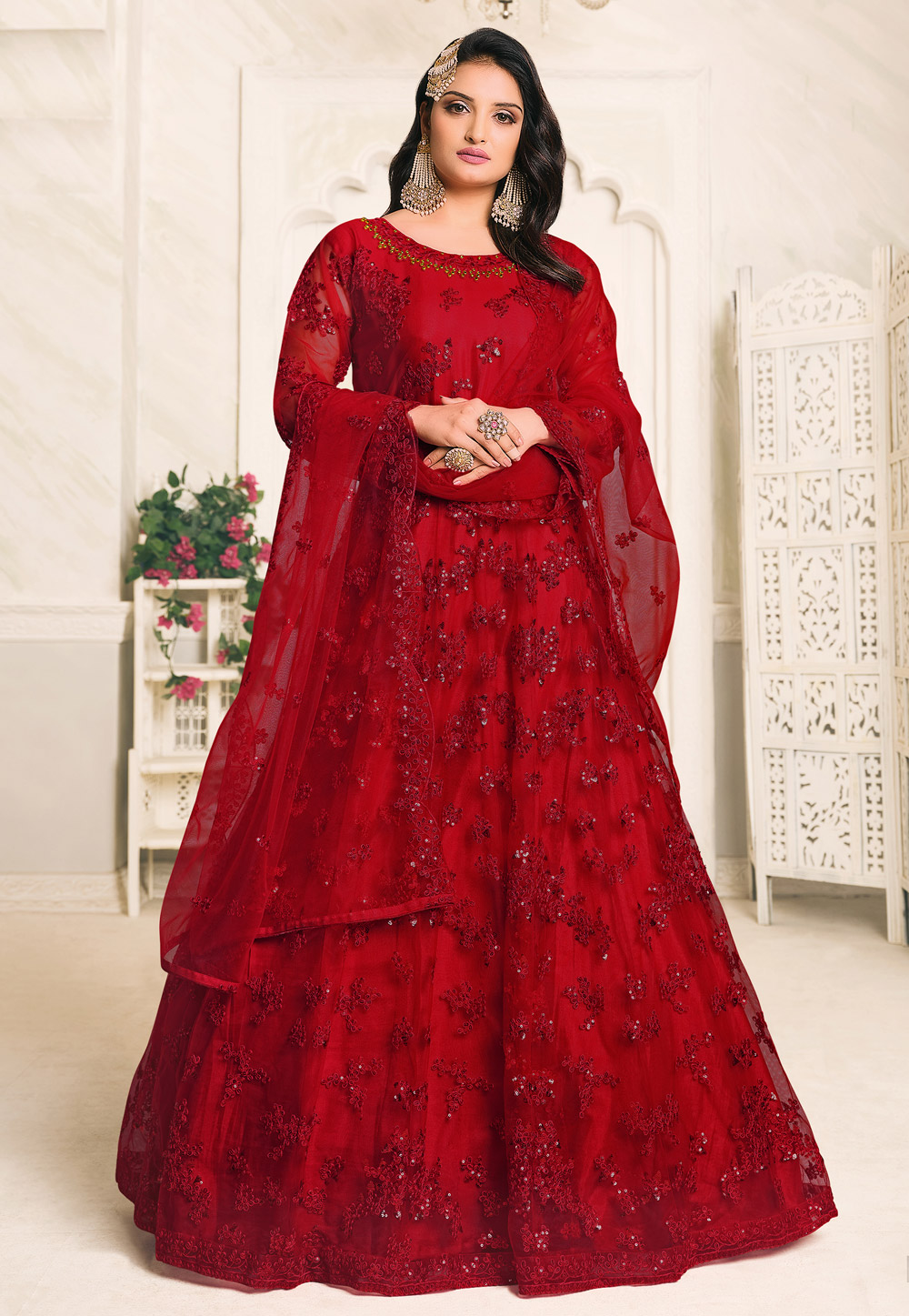 Red Net Abaya Style Anarkali Suit 219617