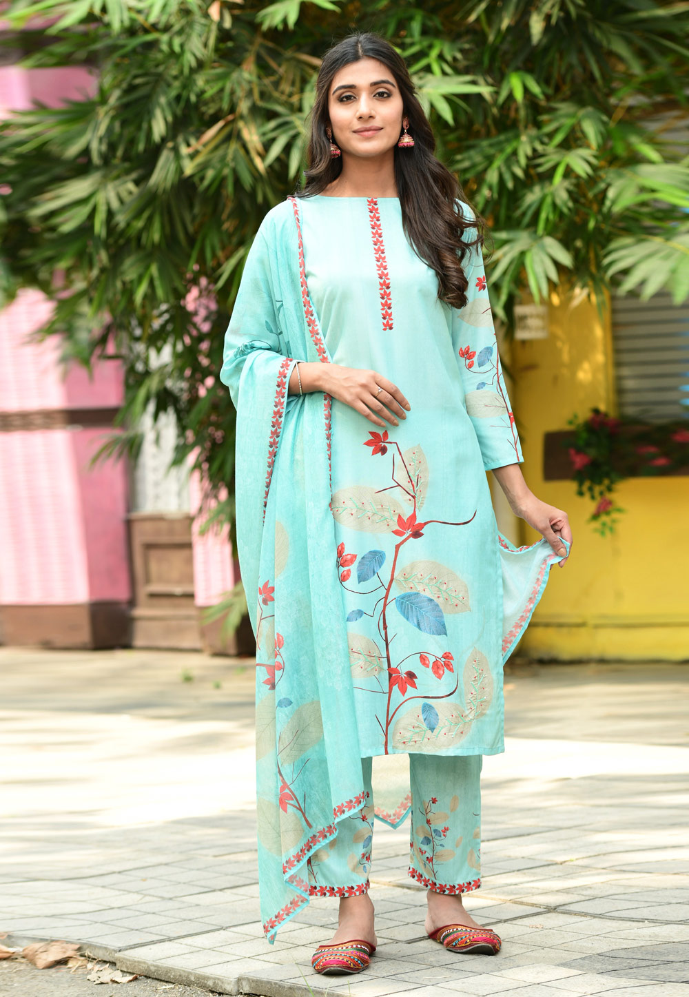 Sky Blue Cotton Readymade Pant Style Suit 223990