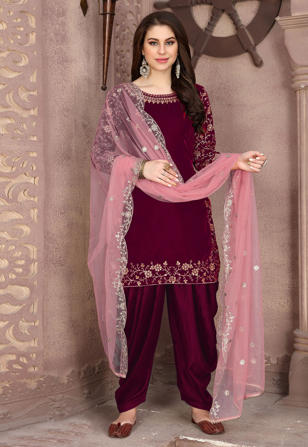 Magenta Velvet Punjabi Suit 213421