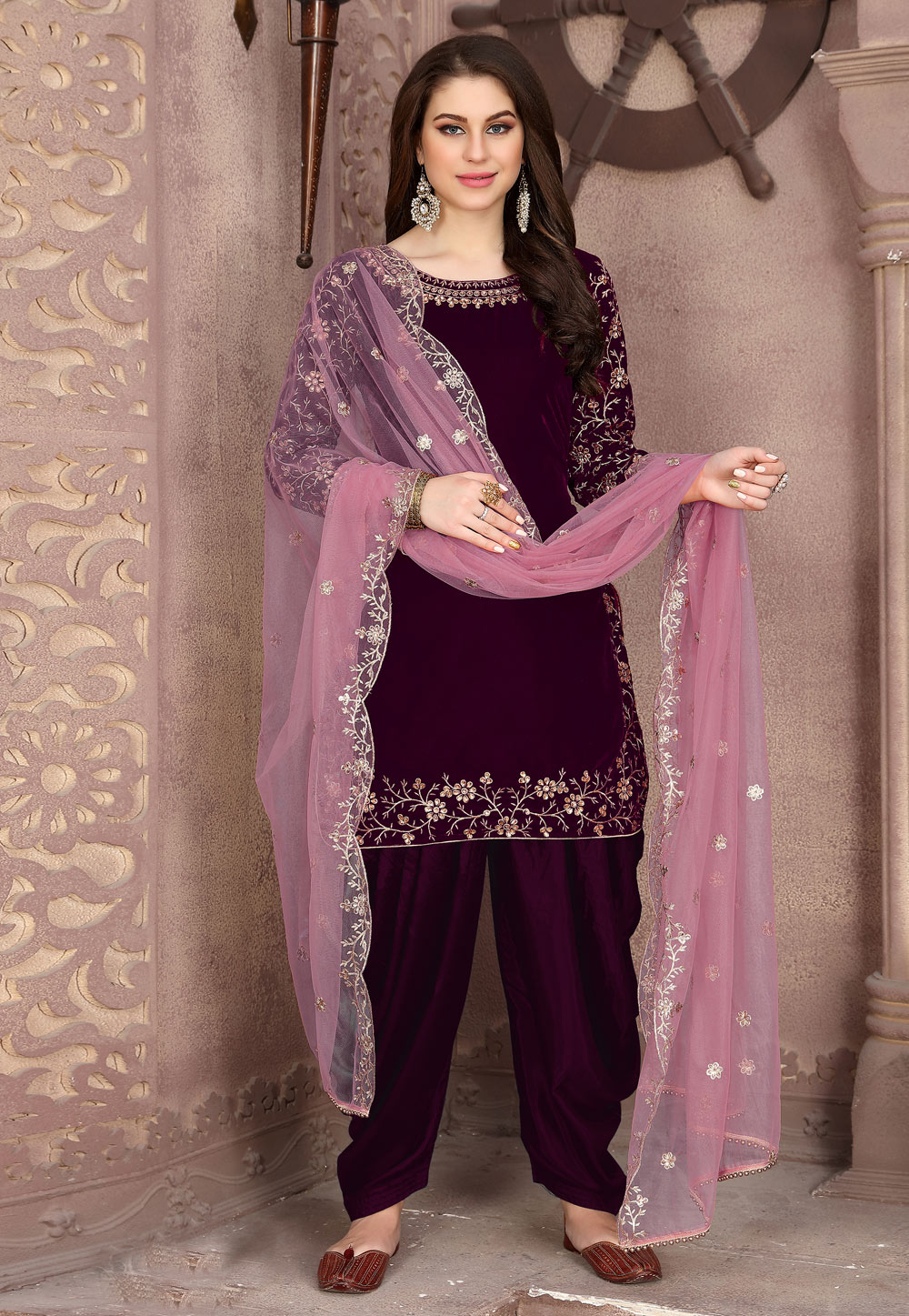 Purple Velvet Patiala Suit 213424