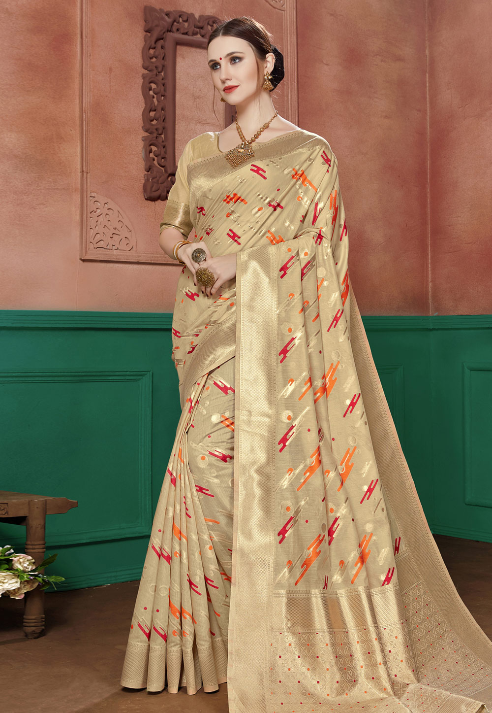 Golden Banarasi Cotton Silk Festival Wear Saree 198193