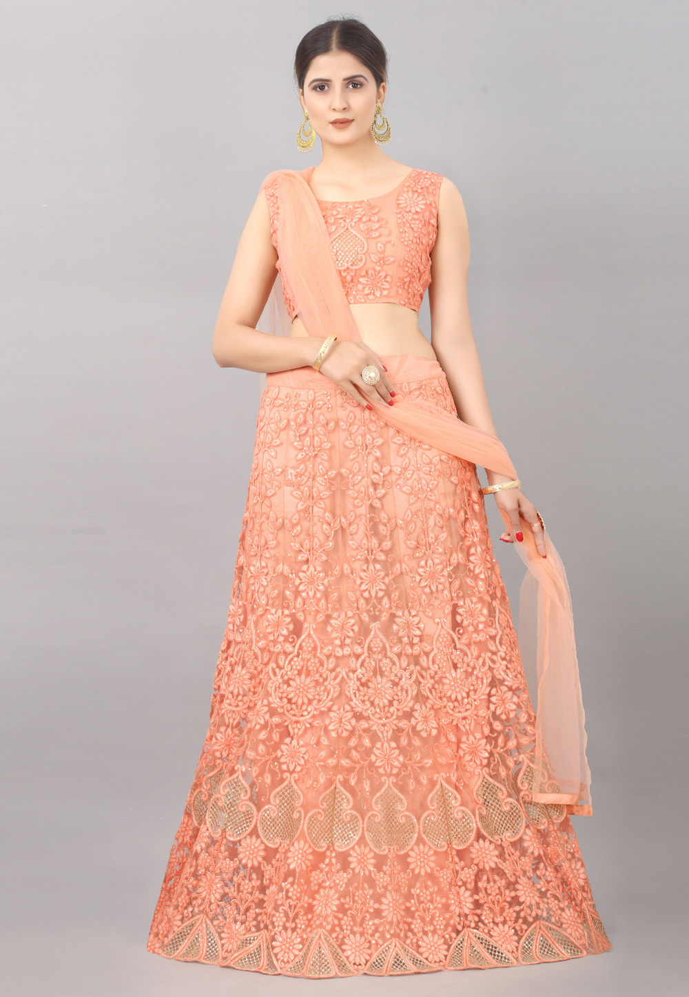Peach Net Lehenga Choli 276002