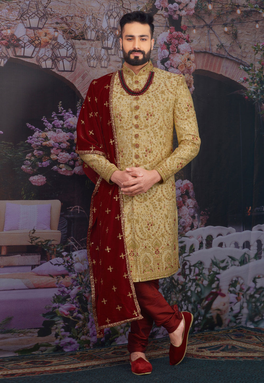 Golden Jacquard Silk Achkan Style Sherwani 216109