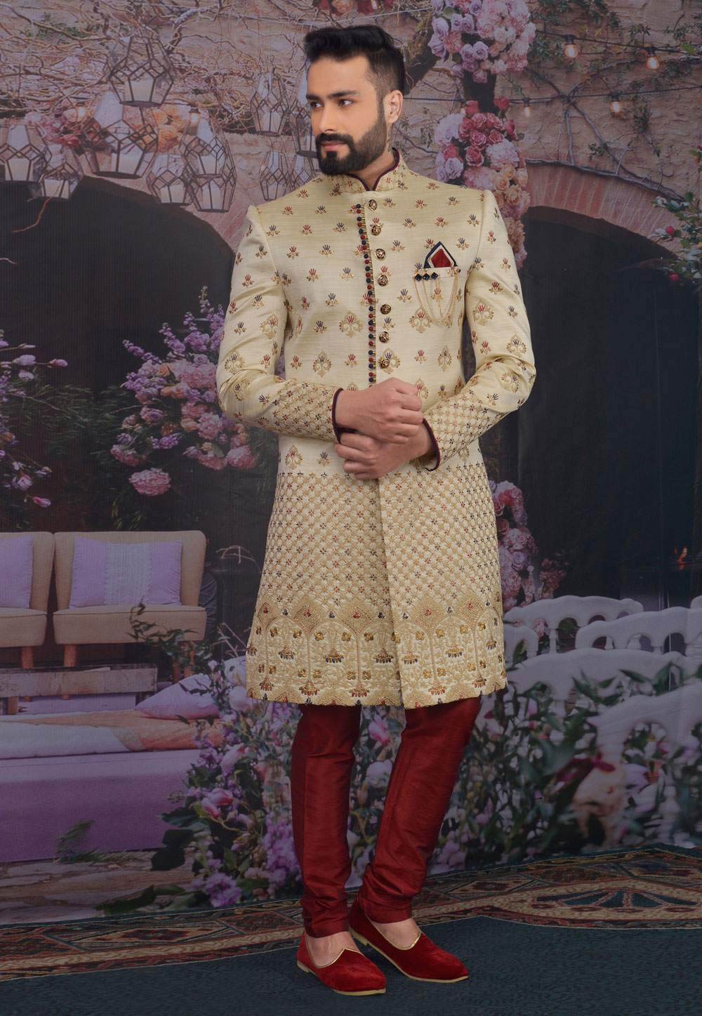 Golden Banarasi Silk Achkan Style Sherwani 216111