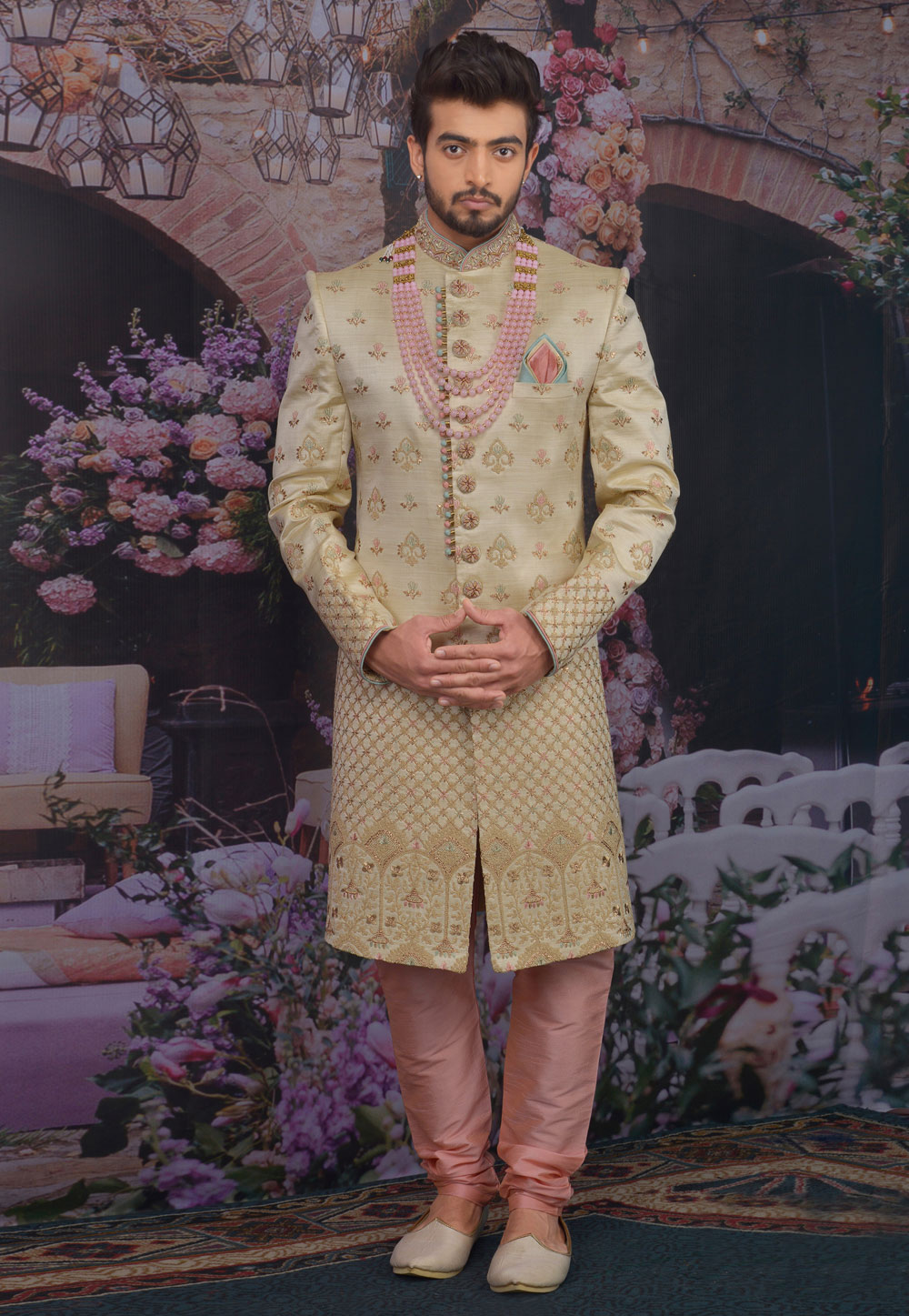 Golden Banarasi Silk Achkan Style Sherwani 216112