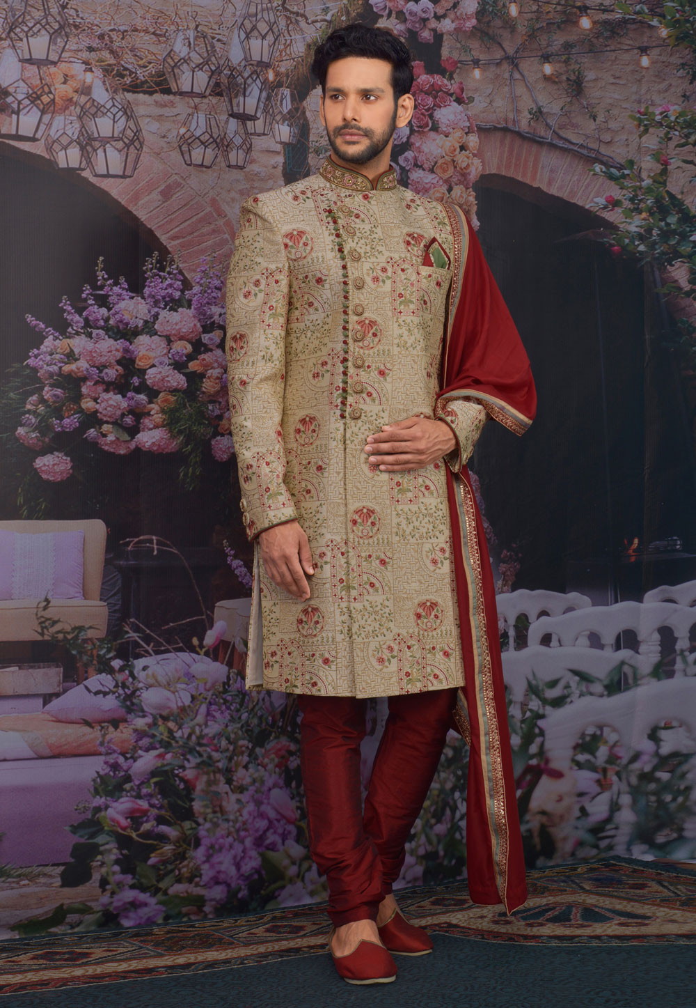 Golden Banarasi Silk Achkan Style Sherwani 216113