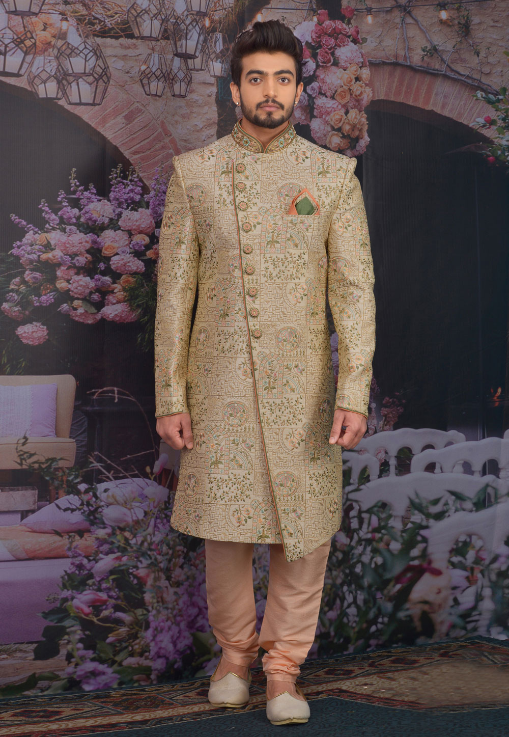 Golden Banarasi Silk Achkan Style Sherwani 216114