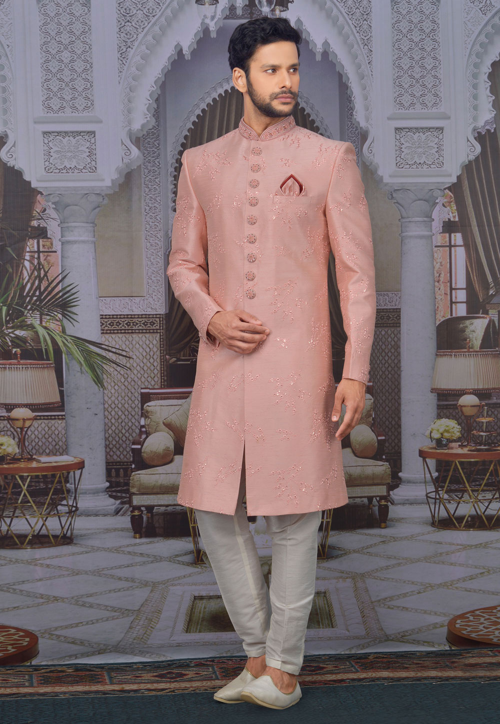 Pink Banarasi Silk Sherwani 216118