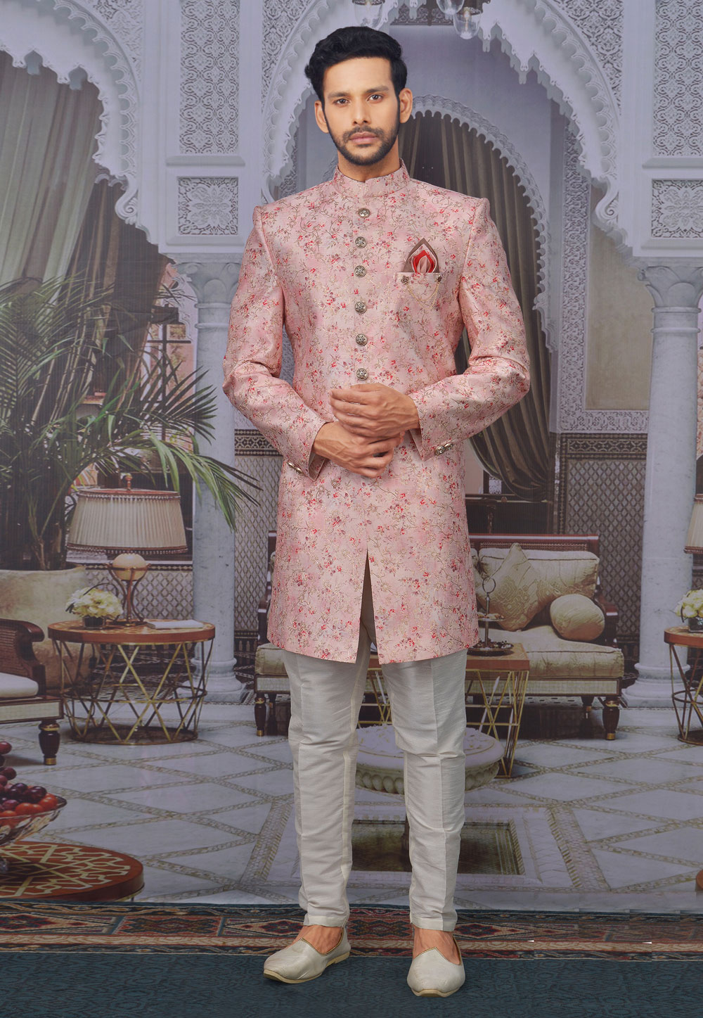 Pink Banarasi Silk Indo Western Sherwani 216120