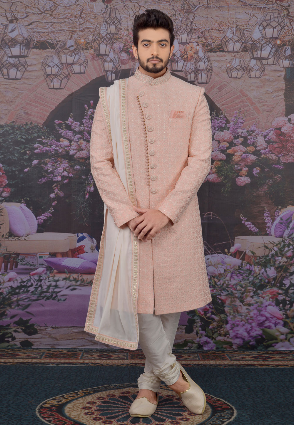 Pink Banarasi Silk Sherwani 216138